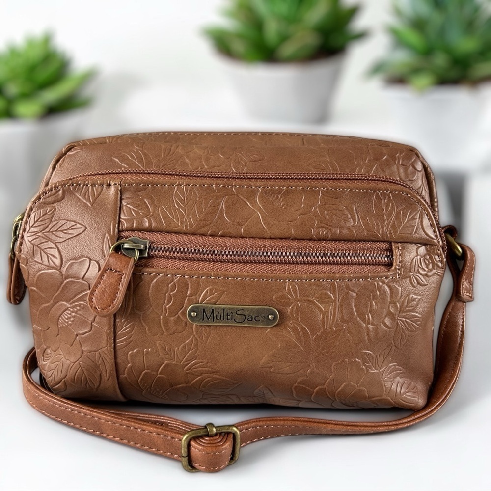 Multi Sac Vegan Leather  Multi Compartment Tan Tooled Floral Shoulder Bag Purse